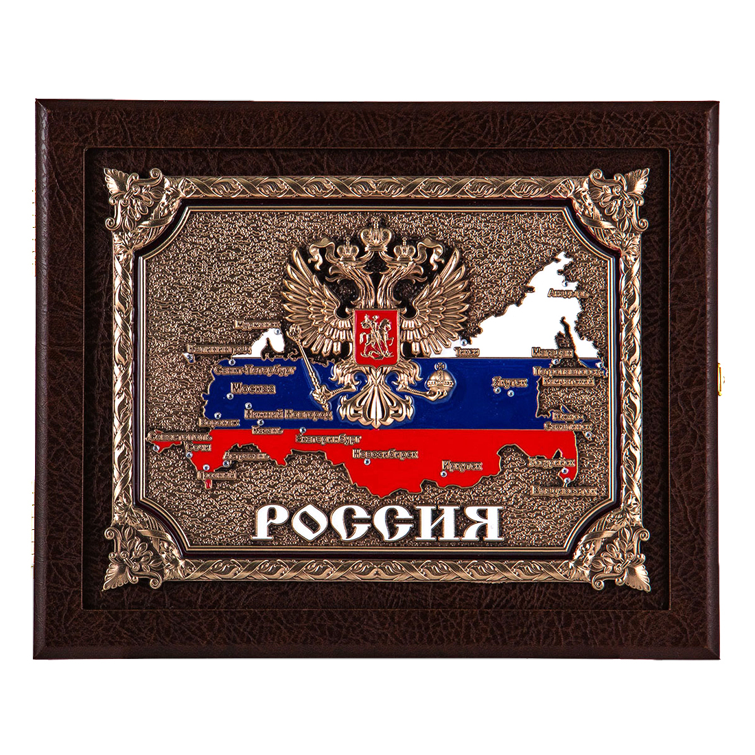 Ключница "Россия" - кожа, цвет коричневый (орех) 27х22х7 см, шильд объемный медный