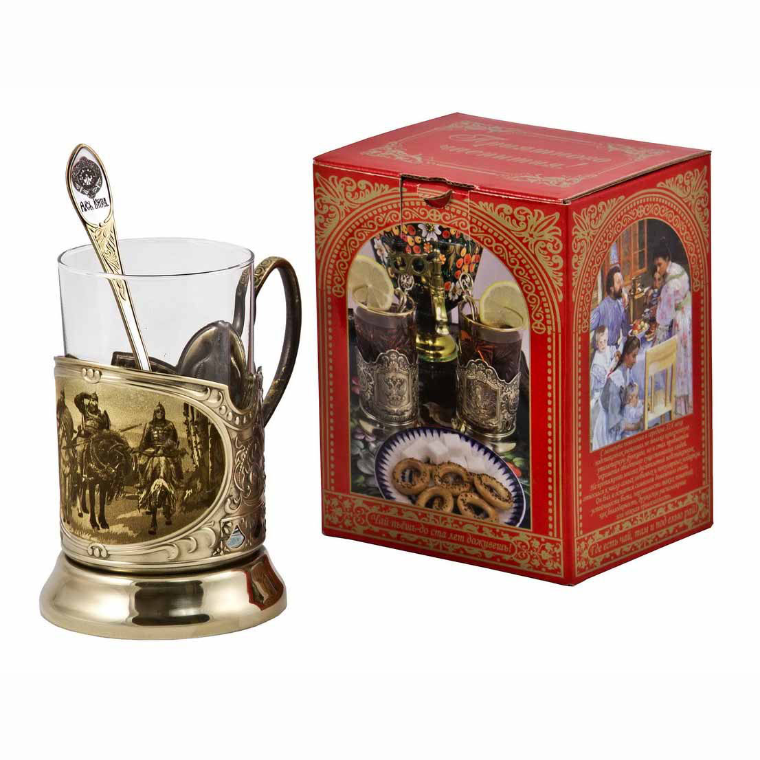 Набор для чая   "Три богатыря" (3 пр.) карт.коробка, стекл.стакан, латунь, гравировка,ложка-нерж.зол. грав.