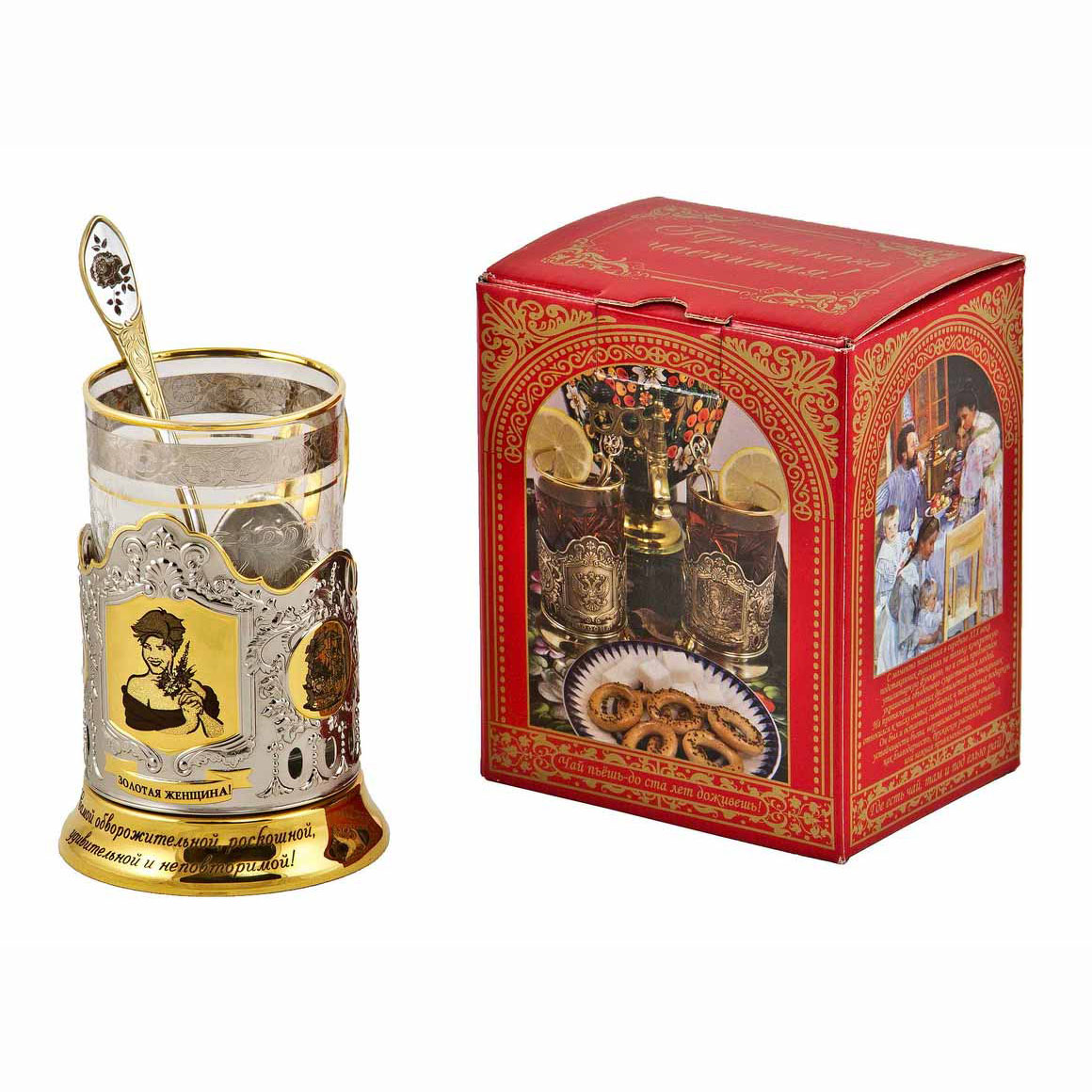 Набор для чая "Золотая женщина!" в/з(3 пр.) карт.коробка, стекл. стакан, гравир.,ложка нерж. зол. грав.