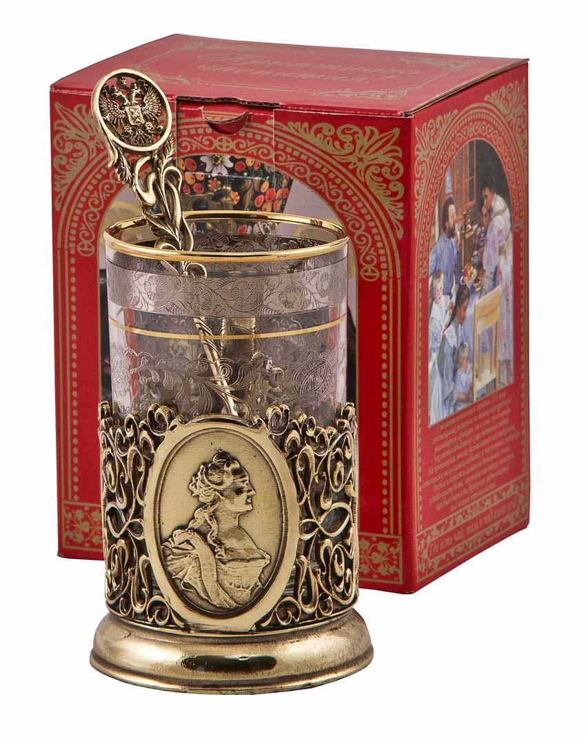 Набор для чая "Екатерина II"(3 пр.) (стакан-стекло с золотым ободком, ложка- латунь, картонная коробка)