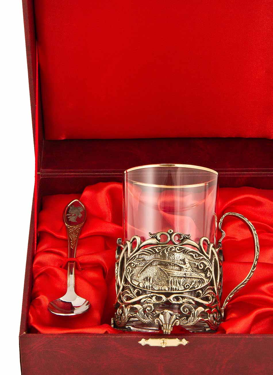 Набор для чая "Рыбалка" (3 пр.) (стакан-стекло с золотым ободком, ложка- латунь, деревянный футляр)