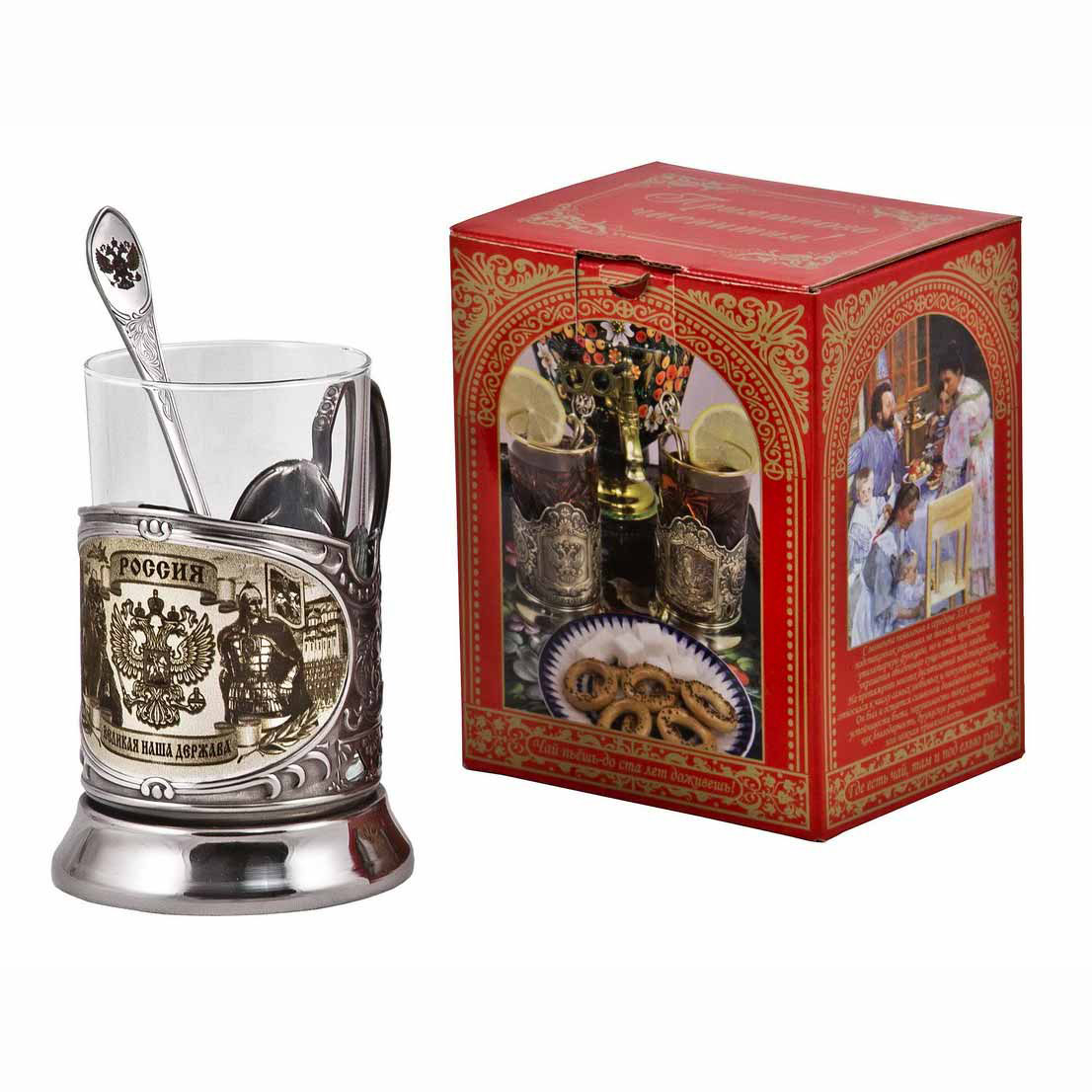 Набор для чая   "Россия" (3 пр.) карт.коробка, стекл.стакан, гравировка,ложка-нерж.грав.