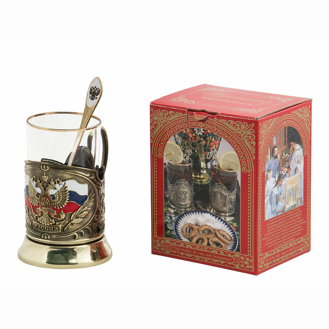 Набор для чая "Герб России" - картон.коробка, стекл.стакан, латунь, штамп, ложка - нерж.грав., цвет.эмали
