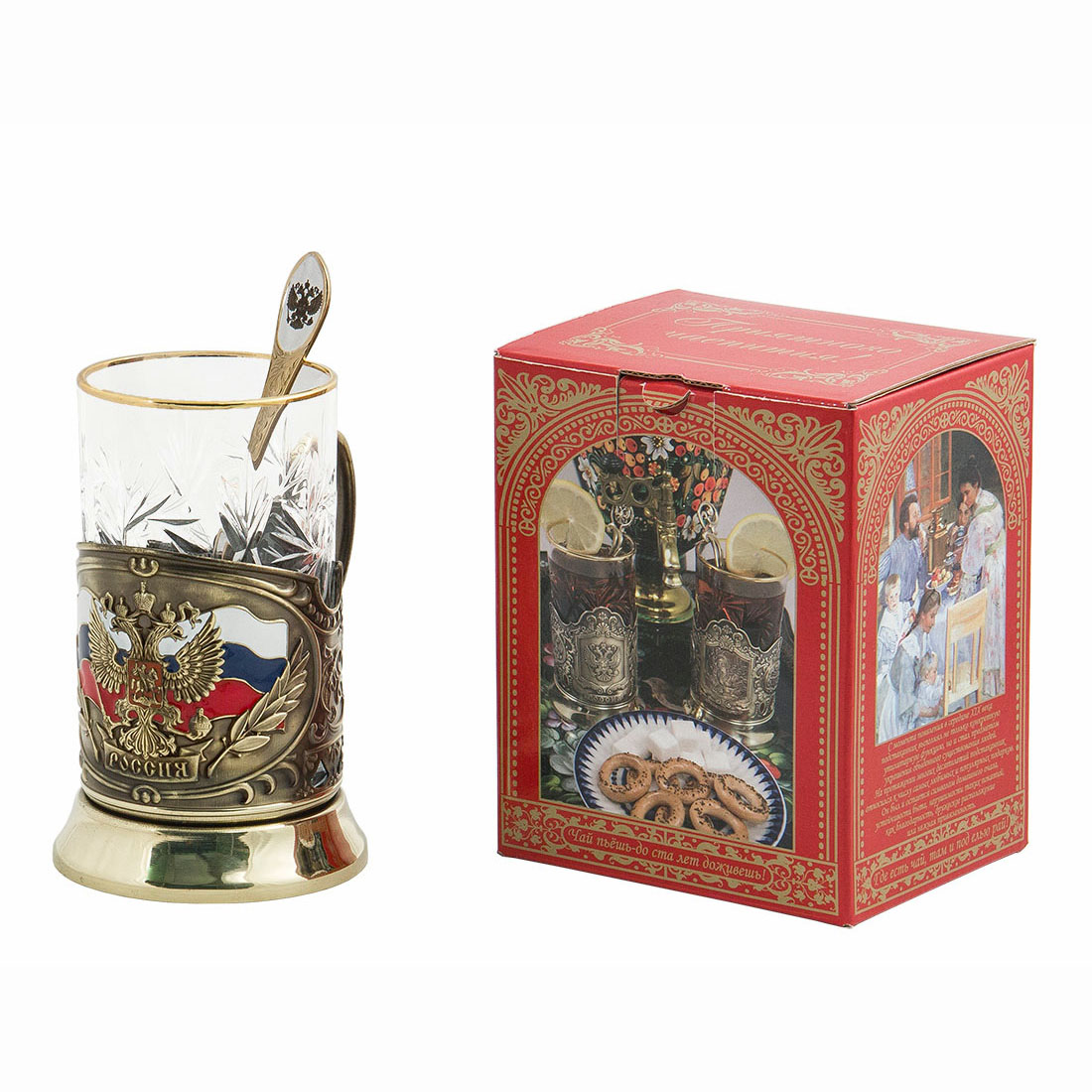 Набор для чая "Герб России" - картон.коробка, хруст.стакан, латунь, штамп, ложка - нерж.грав., цвет.эмали