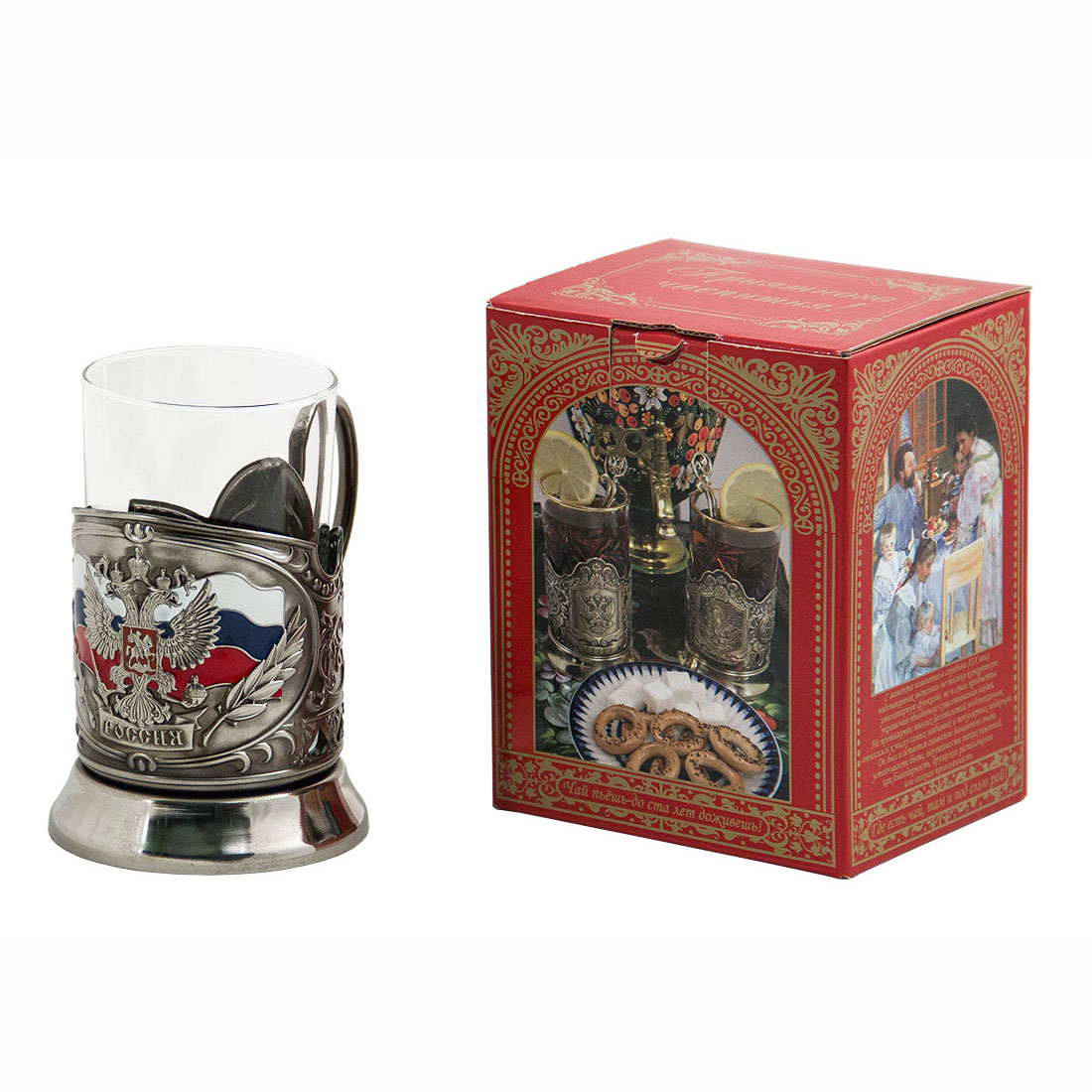 Подстаканник "Герб России" - картон.коробка, стекл.стакан, штамп, цветные эмали