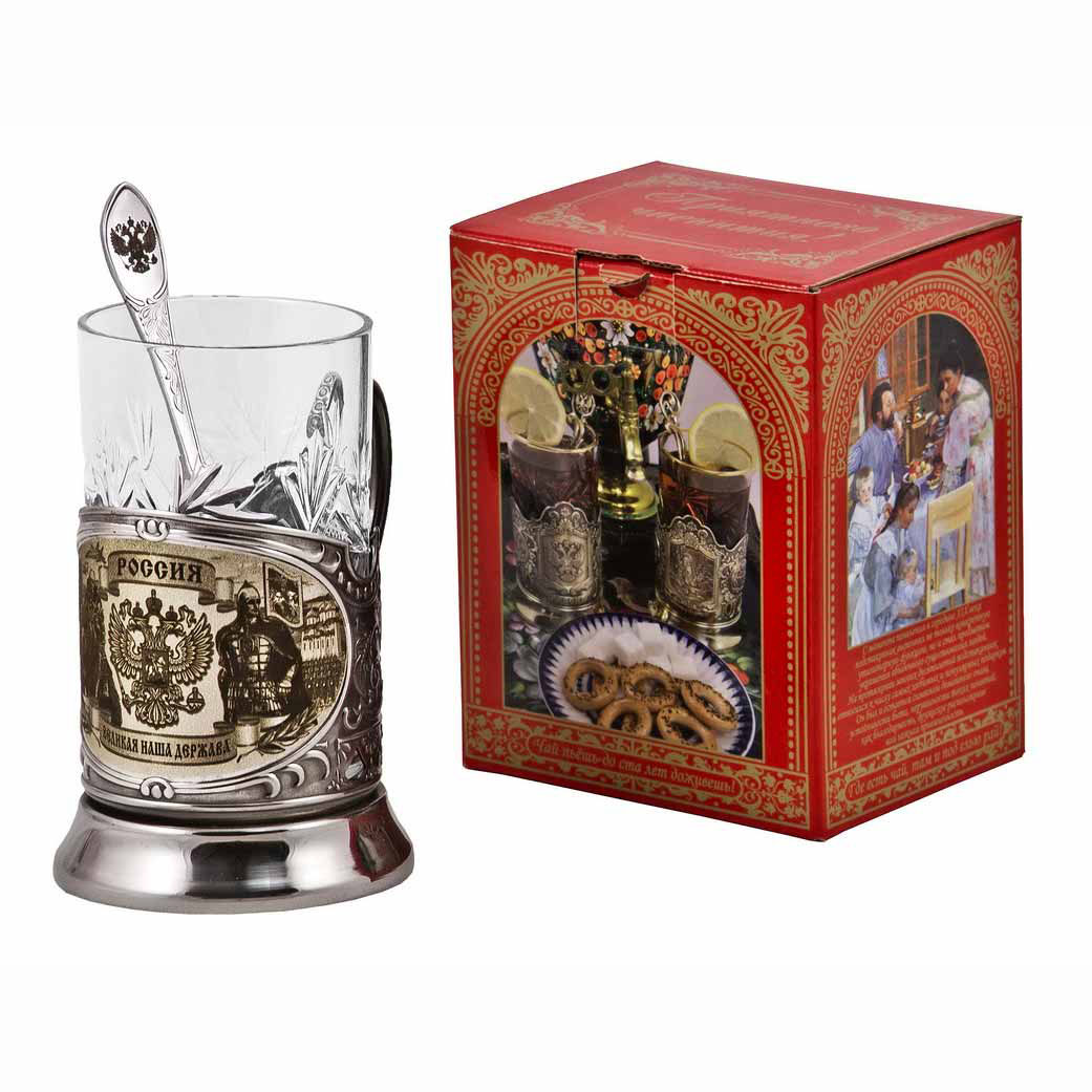 Набор для чая   "Россия" (3 пр.) карт.коробка, хруст.стакан, гравировка,ложка-нерж.грав.