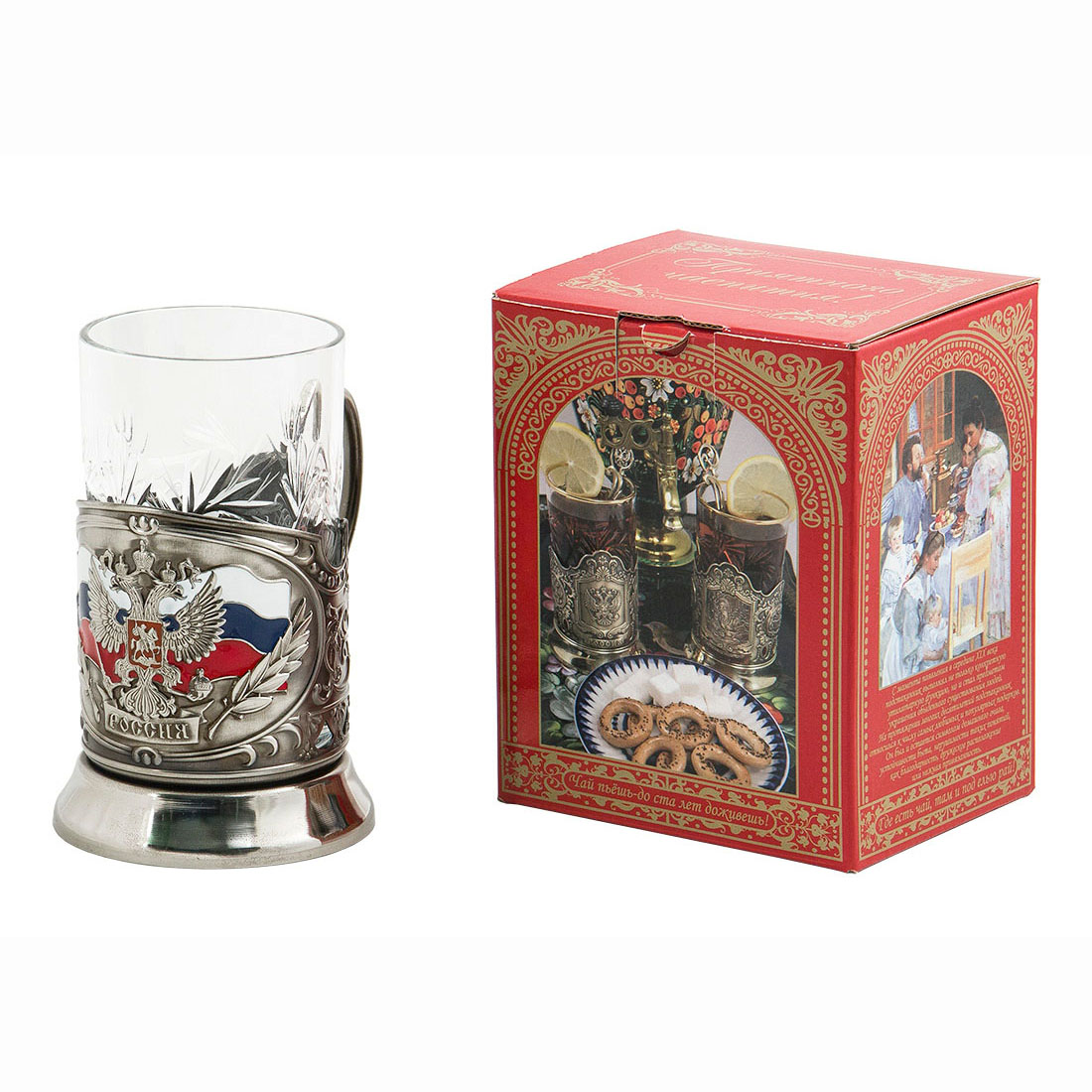 Подстаканник "Герб России" - картон.коробка, хруст.стакан, штамп, цветные эмали