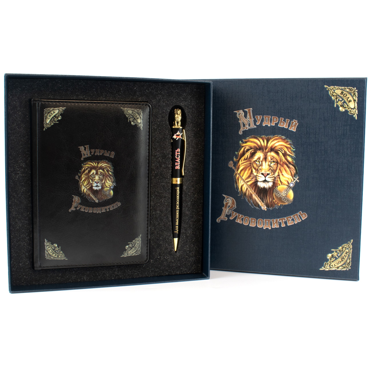 Ручка «Лев» с блокнотом в футляре, черная