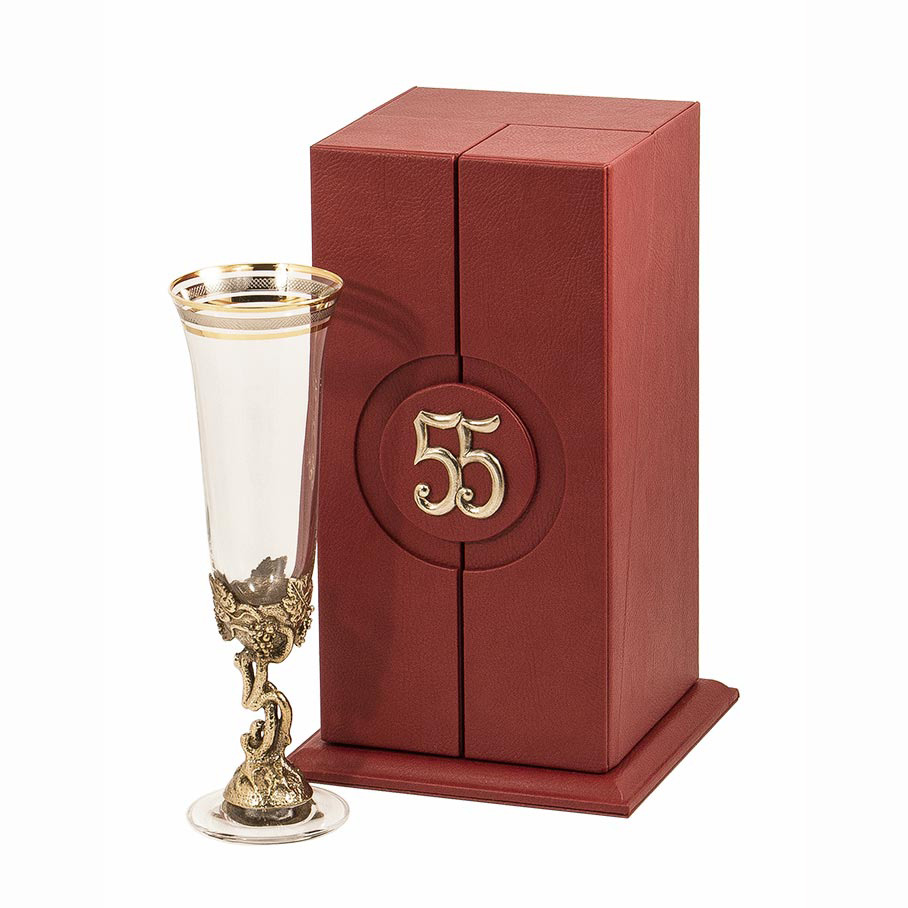 Бокал для шампанского "55 лет" Богемия, Н=215 мм, V=190 мл, отделка "Сеточка" (в кожаном футляре)