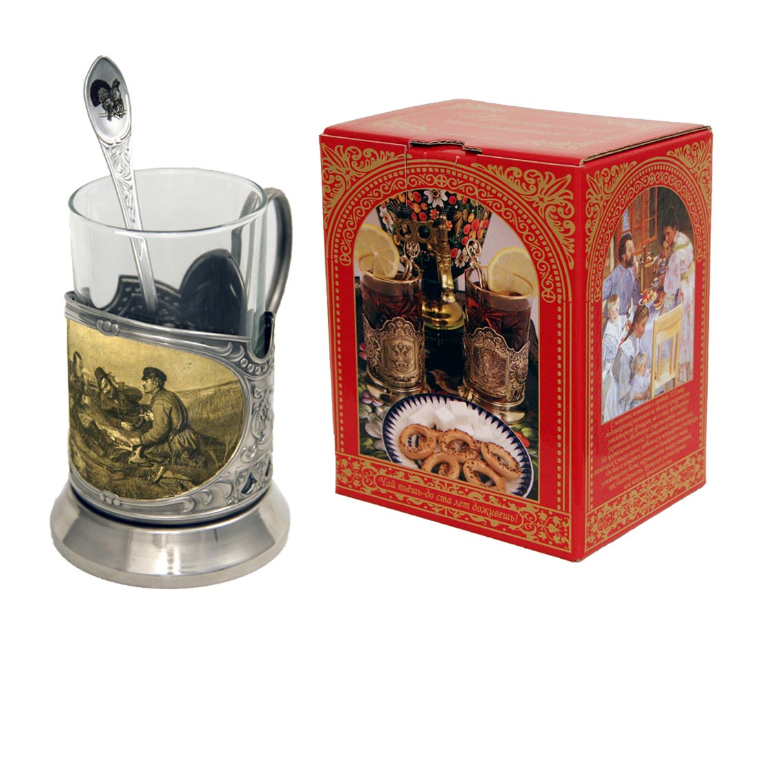 Набор для чая   "Охотники на привале" (3 пр.) карт.коробка, стекл.стакан, гравировка,ложка-нерж.грав.