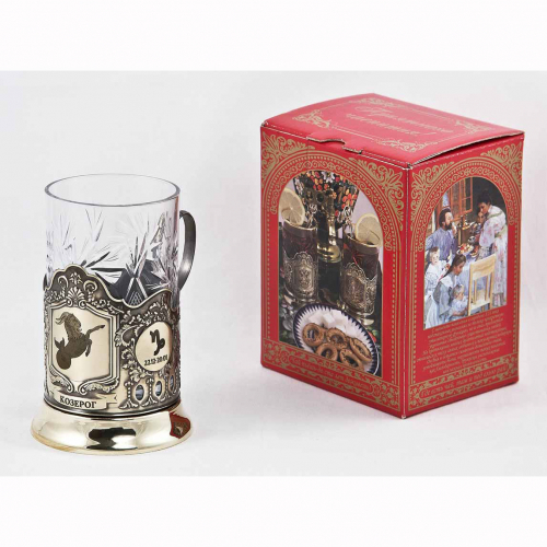 Подстаканник "Козерог" карт.коробка, хруст.стакан,латунь,гравировка в 4-х местах