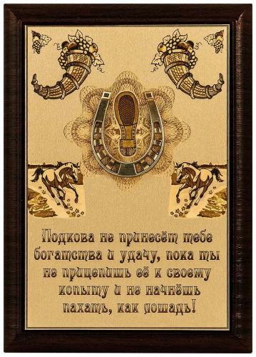 Плакетка "Подкова-мотиватор" 12х17 см деревянная основа, подкова бронзовая литая ПЛ-57