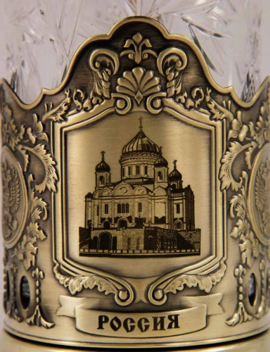 Набор для чая "Россия" (3 пр.)-ХХС карт.футляр,хруст.стакан,латунь,гравировка,ложка-нерж.грав. фото 2
