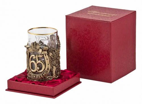Подстаканник "С юбилеем-65 лет" (стакан-хрусталь с золотым ободком, картонный футляр) фото 4