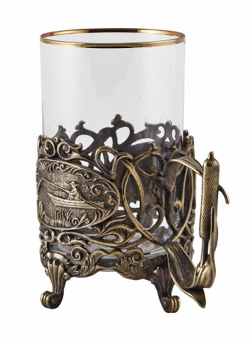 Набор для чая "Рыбалка" (3 пр.) (стакан-стекло с золотым ободком, ложка- латунь, деревянный футляр) фото 4