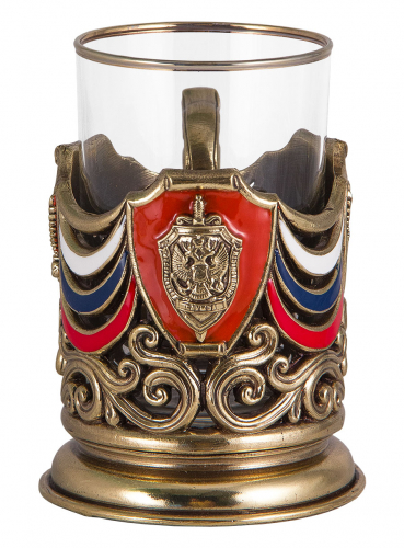 Подстаканник "Герб ФСБ" (точное литье, цветные ювелирные эмали,стакан-стекло с золотым ободком, деревянный футляр) фото 2