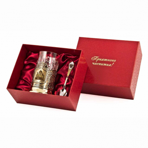Набор для чая "Россия" (3 пр.)-ХХС карт.футляр,хруст.стакан,латунь,гравировка,ложка-нерж.грав.