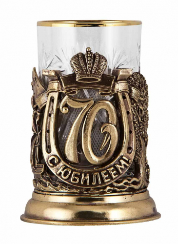 Набор для чая "С юбилеем-70 лет" (стакан-хрусталь с золотым ободком, деревянный футляр, ложка- латунь) фото 2