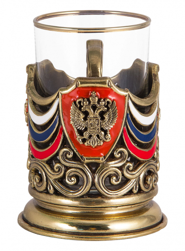 Набор для чая "Россия" (3пр.) (точное литье, цветные ювелирные эмали,стакан-стекло с золотым ободком, ложка- латунь, картонная коробка) фото 2