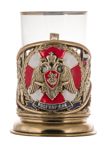 Подстаканник "Росгвардия" (эмаль) (стакан-стекло с золотым ободком, деревянный футляр) фото 2